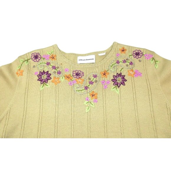 Alfred Dunner Womens Knit Tan Top Multi Colored Floral Accent size M  JH934 - Picture 2 of 3